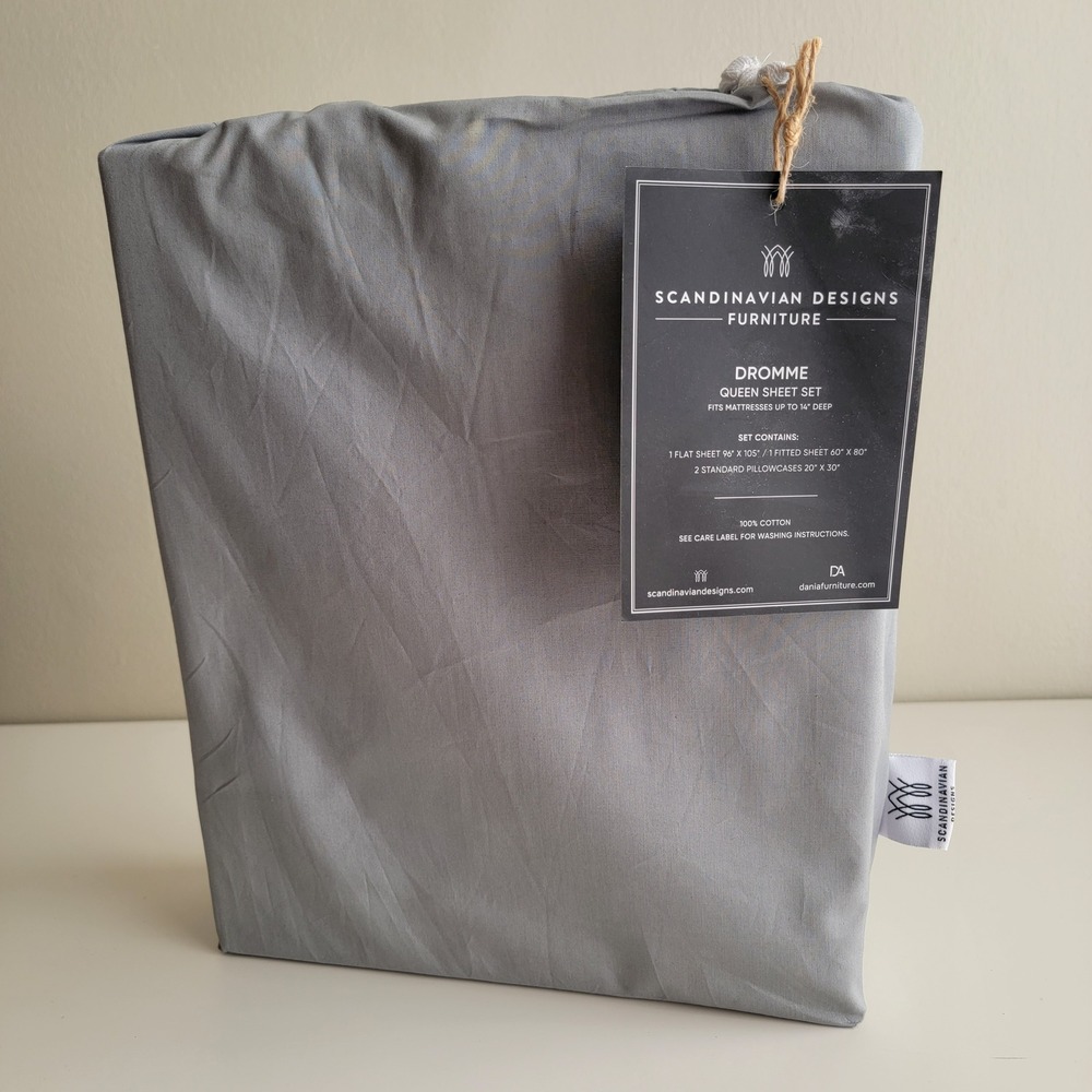 Scandinavian Designs Dromme Sheet Set Queen Grey Cotton 4pc 14in Deep Pocket NEW